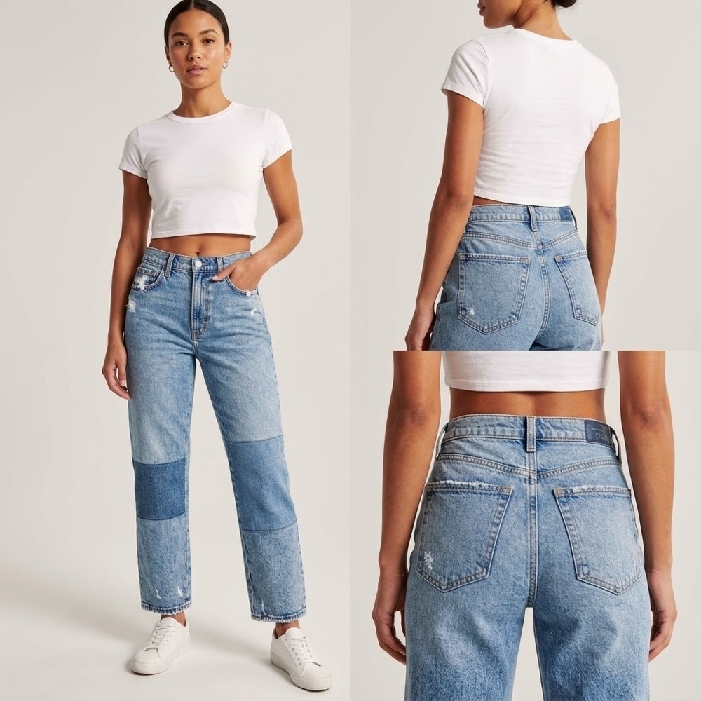 Abercrombie & Fitch Ankle Straight Jeans Women 6s Blue Patchwork Ultra High Rise
